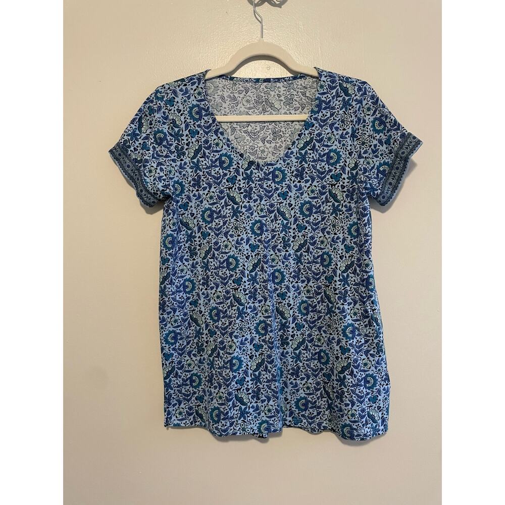 Pure Jill Size XS Blue Floral Side Slit Elliptical Tee 100% Pima Cotton
